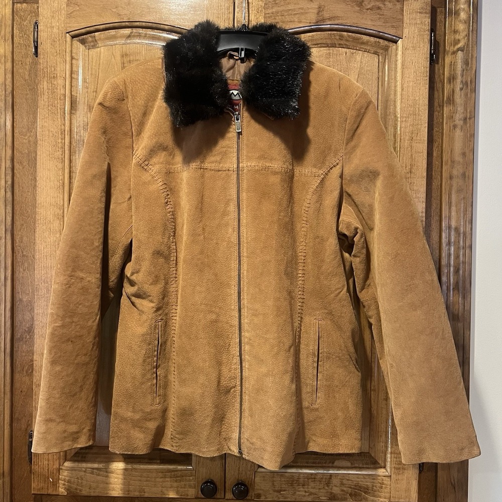 MARC MATTIS Genuine Leather Brown Full-Zip Jacket Size XL Furry Hood Women's